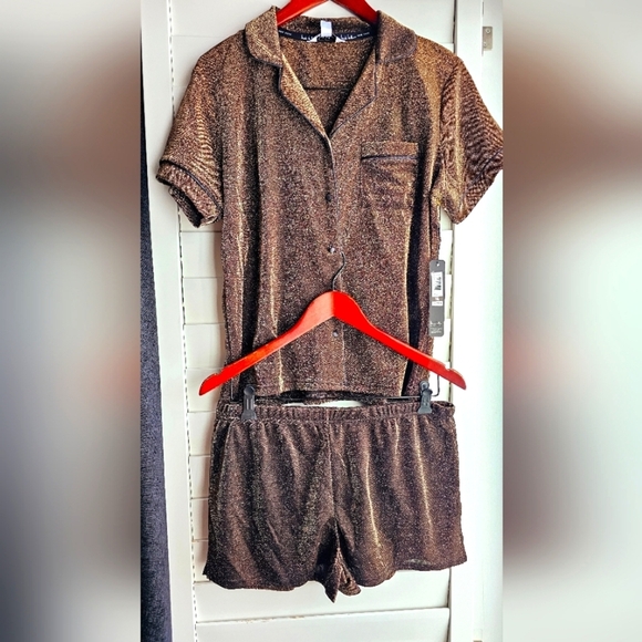 Nicole Miller Sparkle Bronze Pajamas Set Lounge Black Shorts size M - Picture 1 of 7